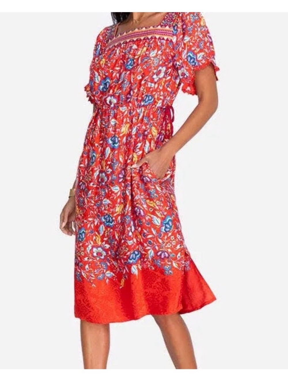 Johnny Was Red Floral Midi Dress with Blue Accents